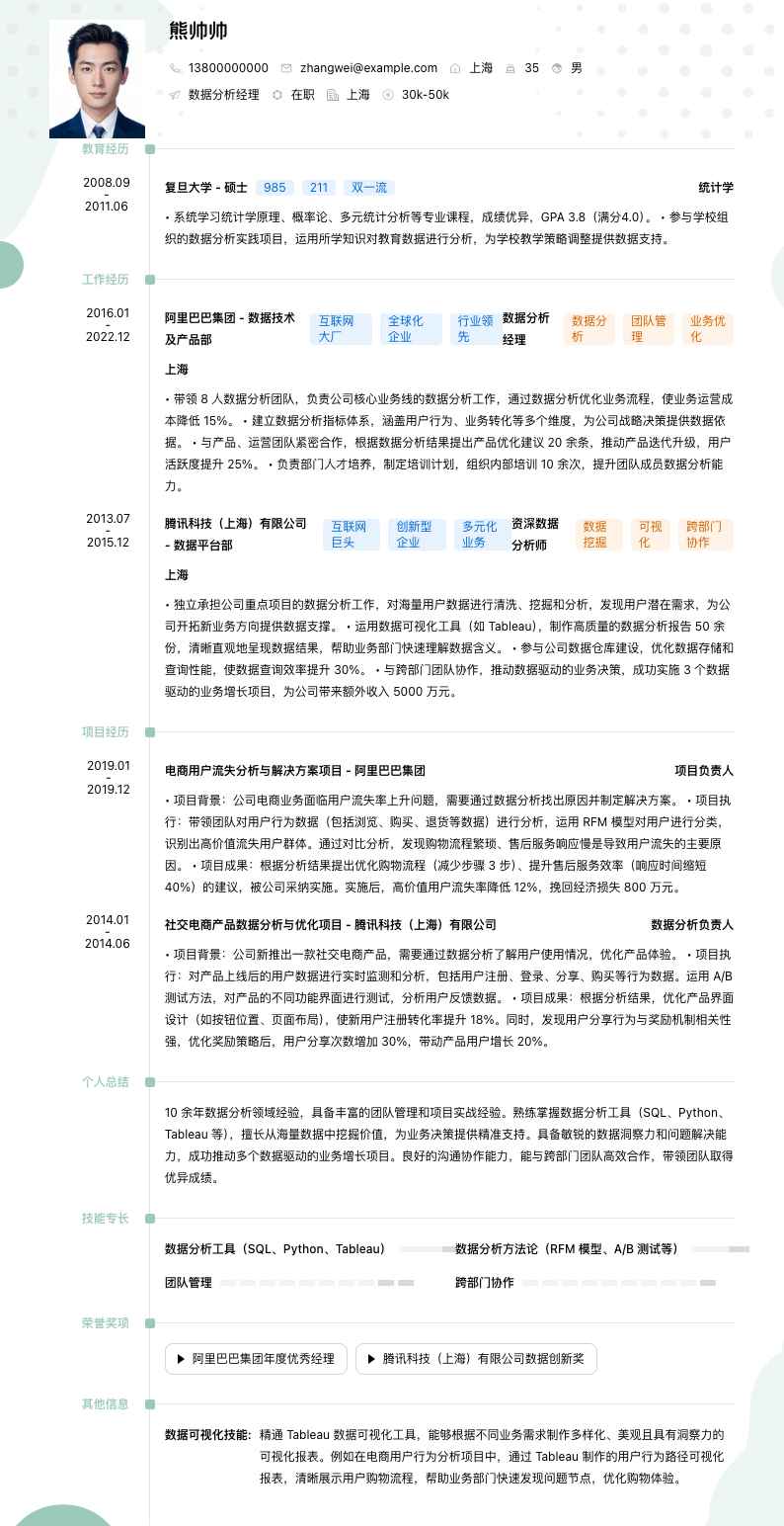 数据分析经理简历模板