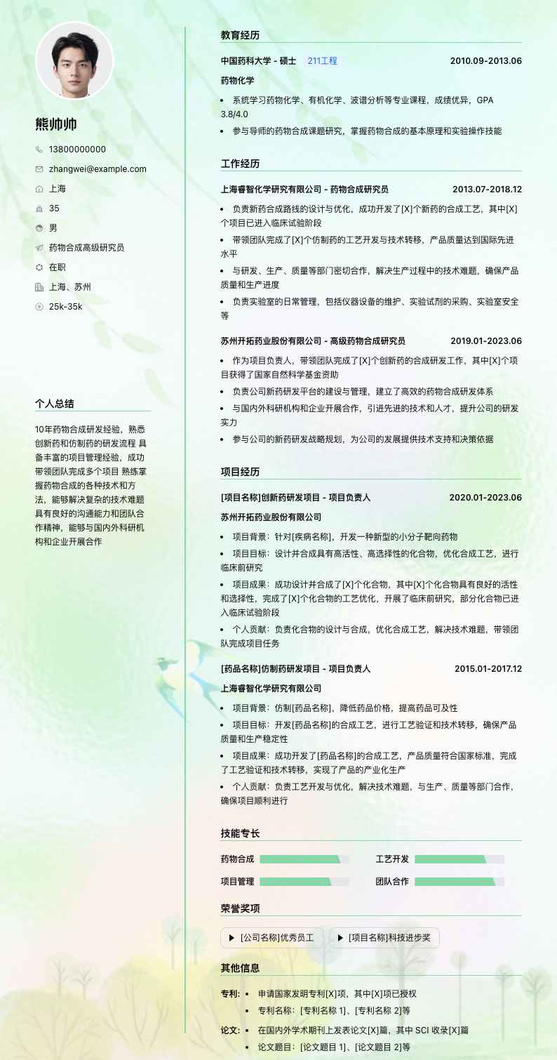 药物合成高级研究员简历模板