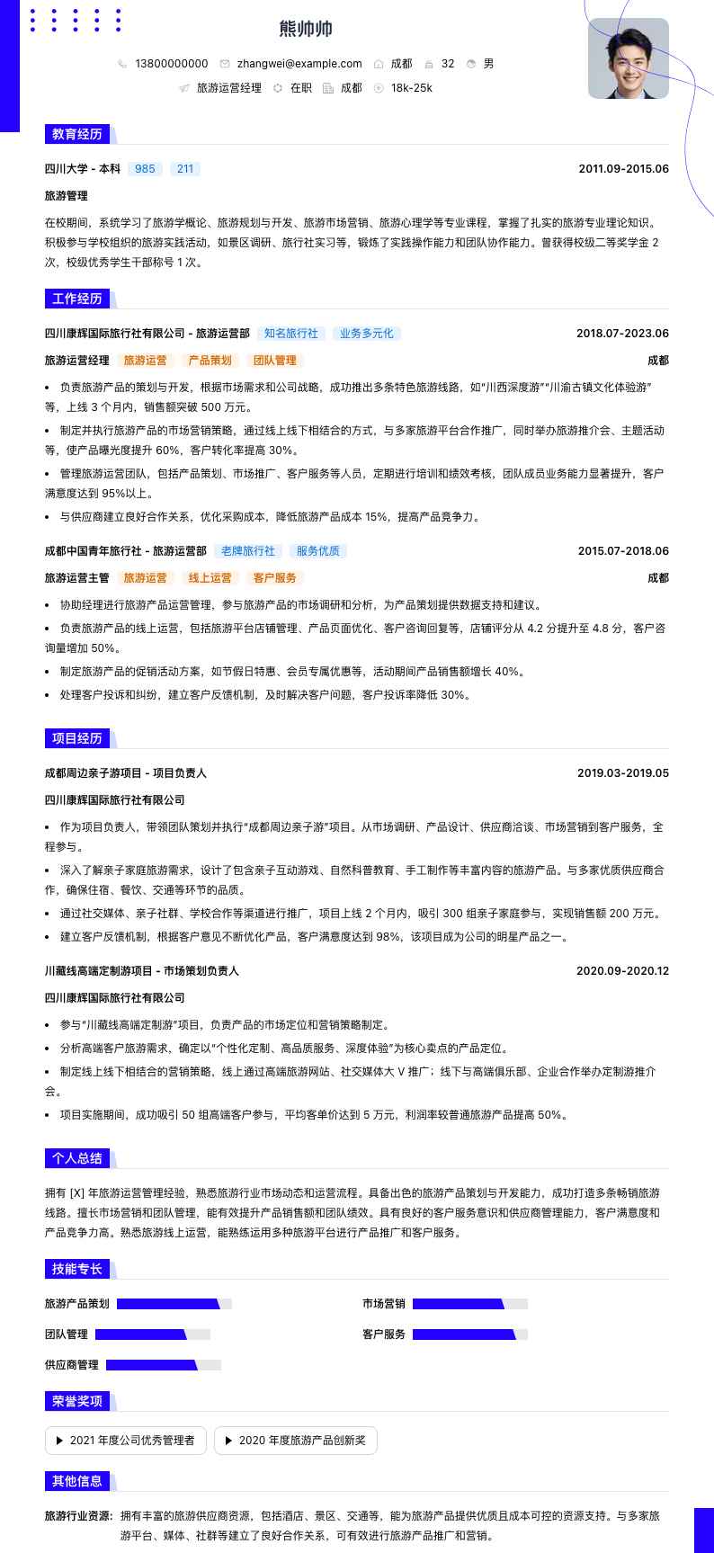 旅游运营经理简历模板