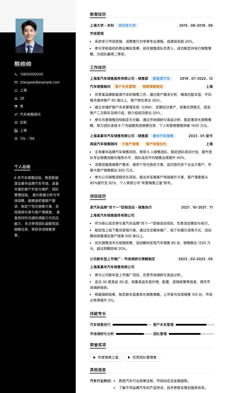 汽车销售顾问简历模板