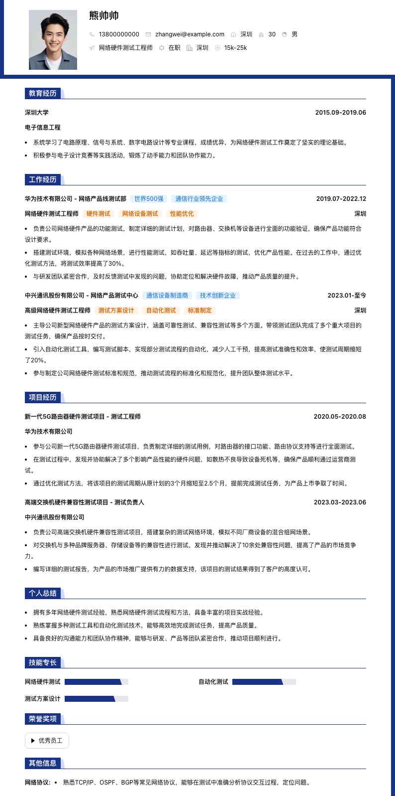 网络硬件测试工程师简历模板