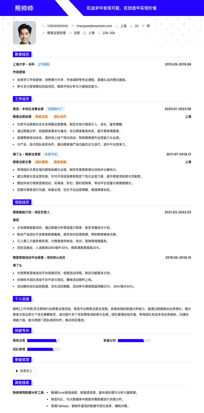 商家运营经理简历模板
