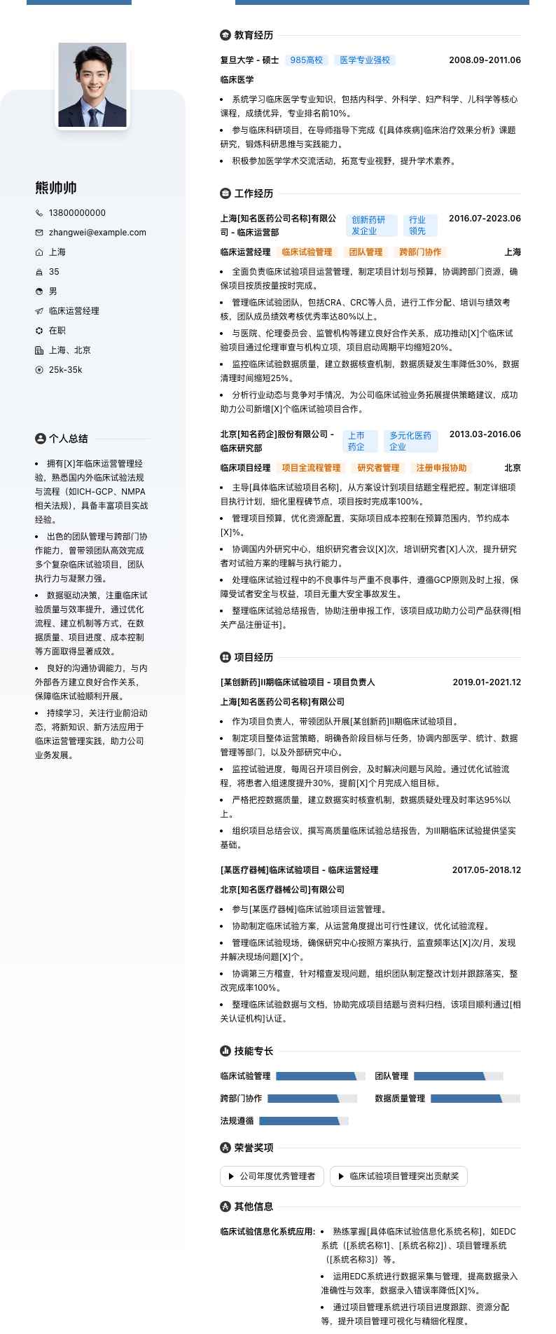 临床运营经理简历模板