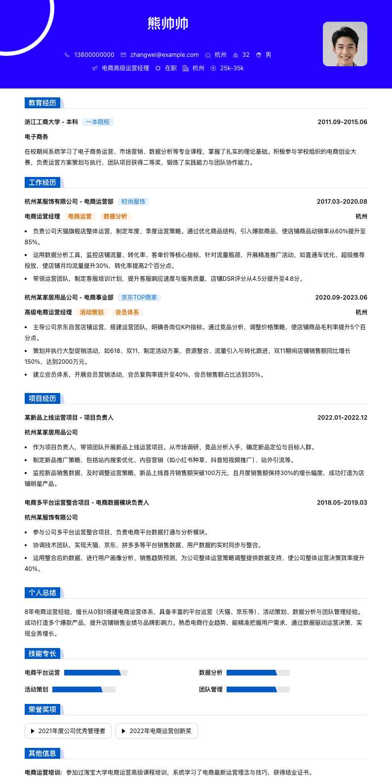 电商高级运营经理简历模板