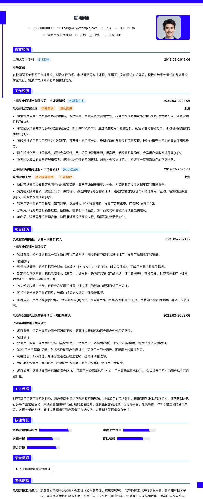 电商市场营销经理简历模板