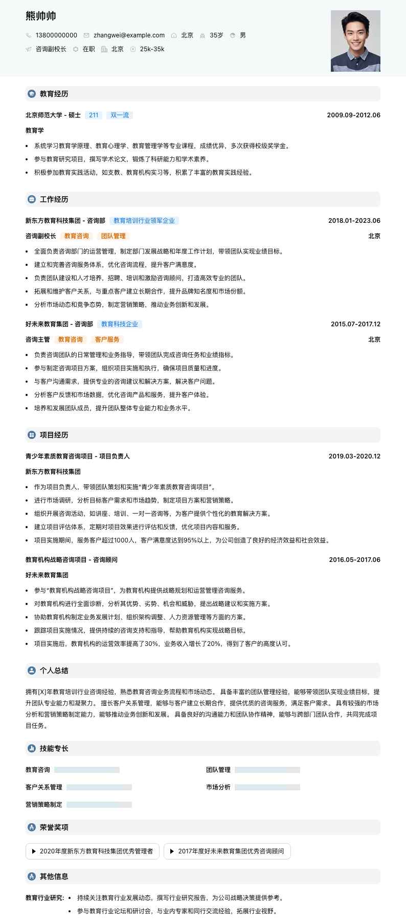 咨询副校长简历模板