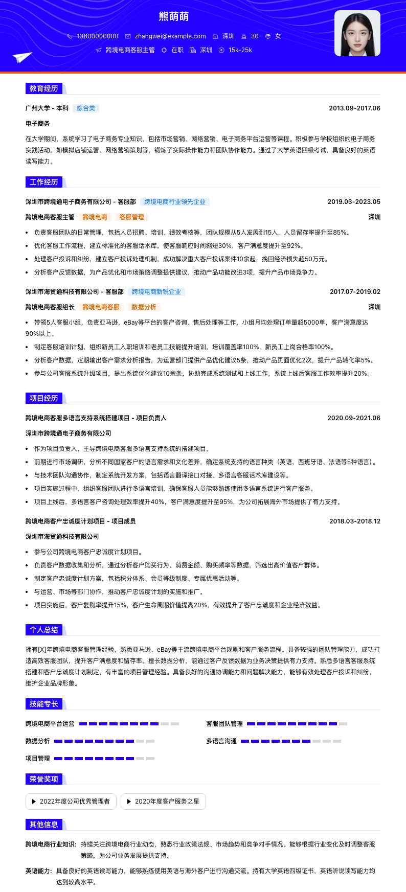 跨境电商客服主管简历模板