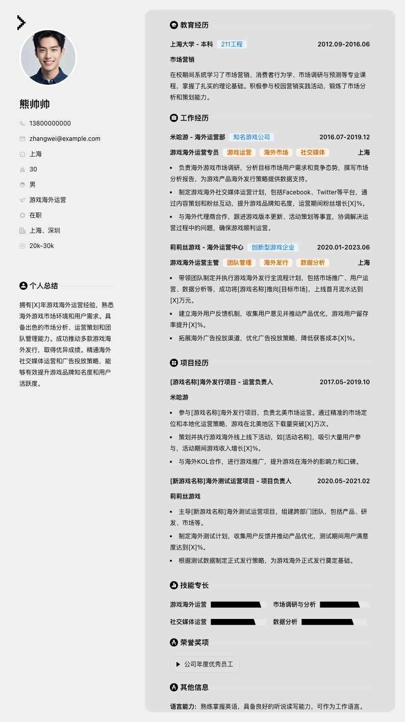 游戏海外运营简历模板