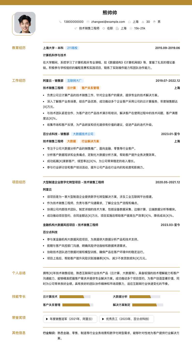 技术销售工程师简历模板
