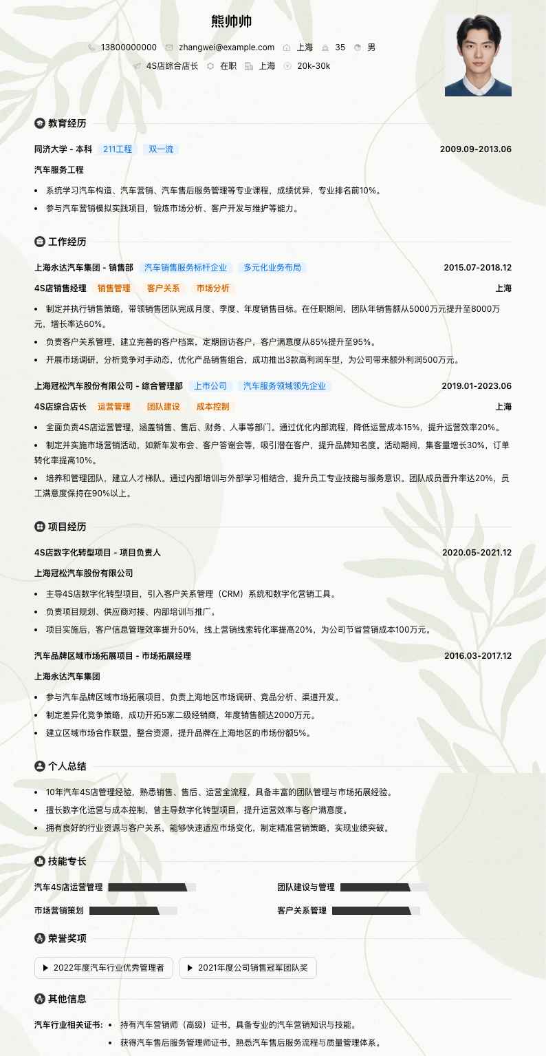 4S店综合店长简历模板