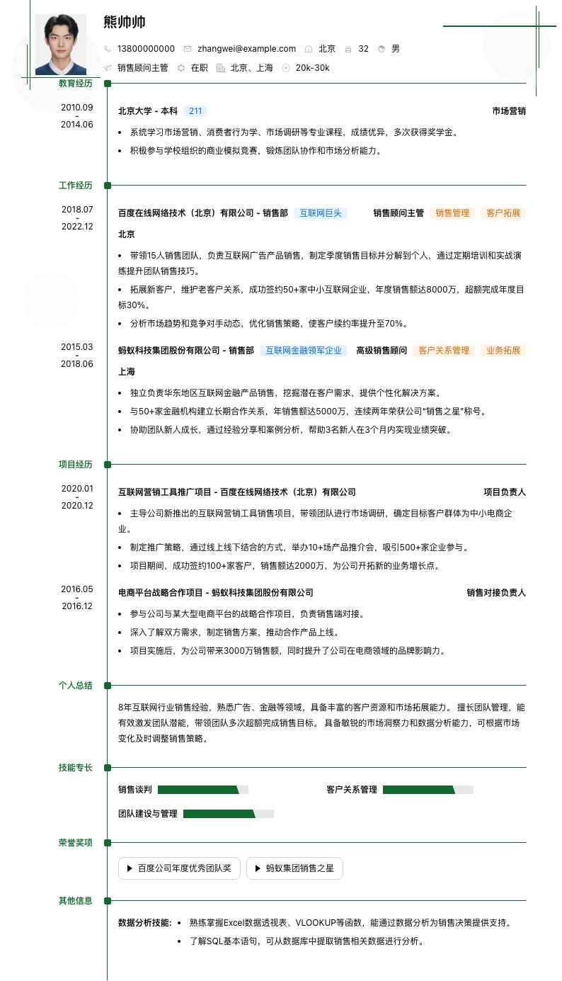 销售顾问主管简历模板