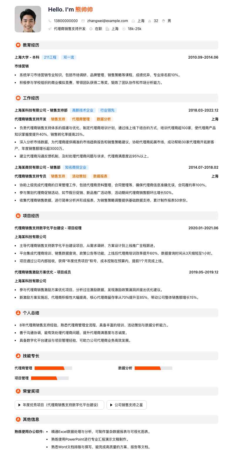 代理商销售支持简历模板