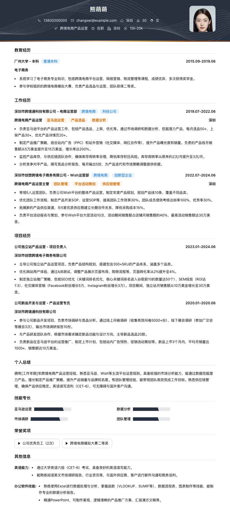 跨境电商产品运营简历模板