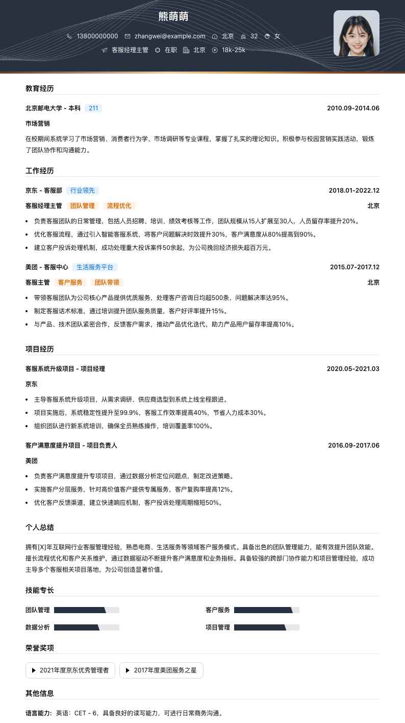 客服经理主管简历模板