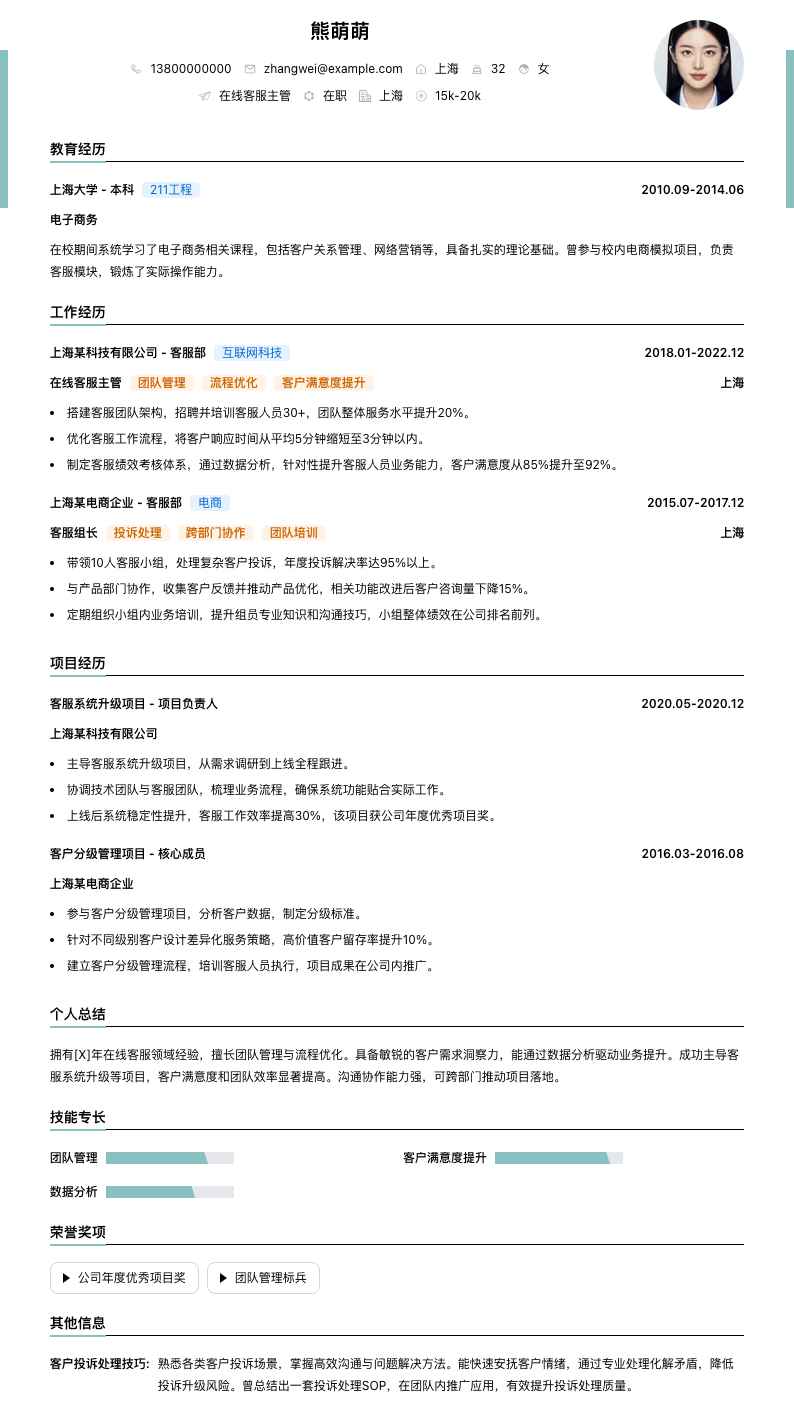 在线客服主管简历模板