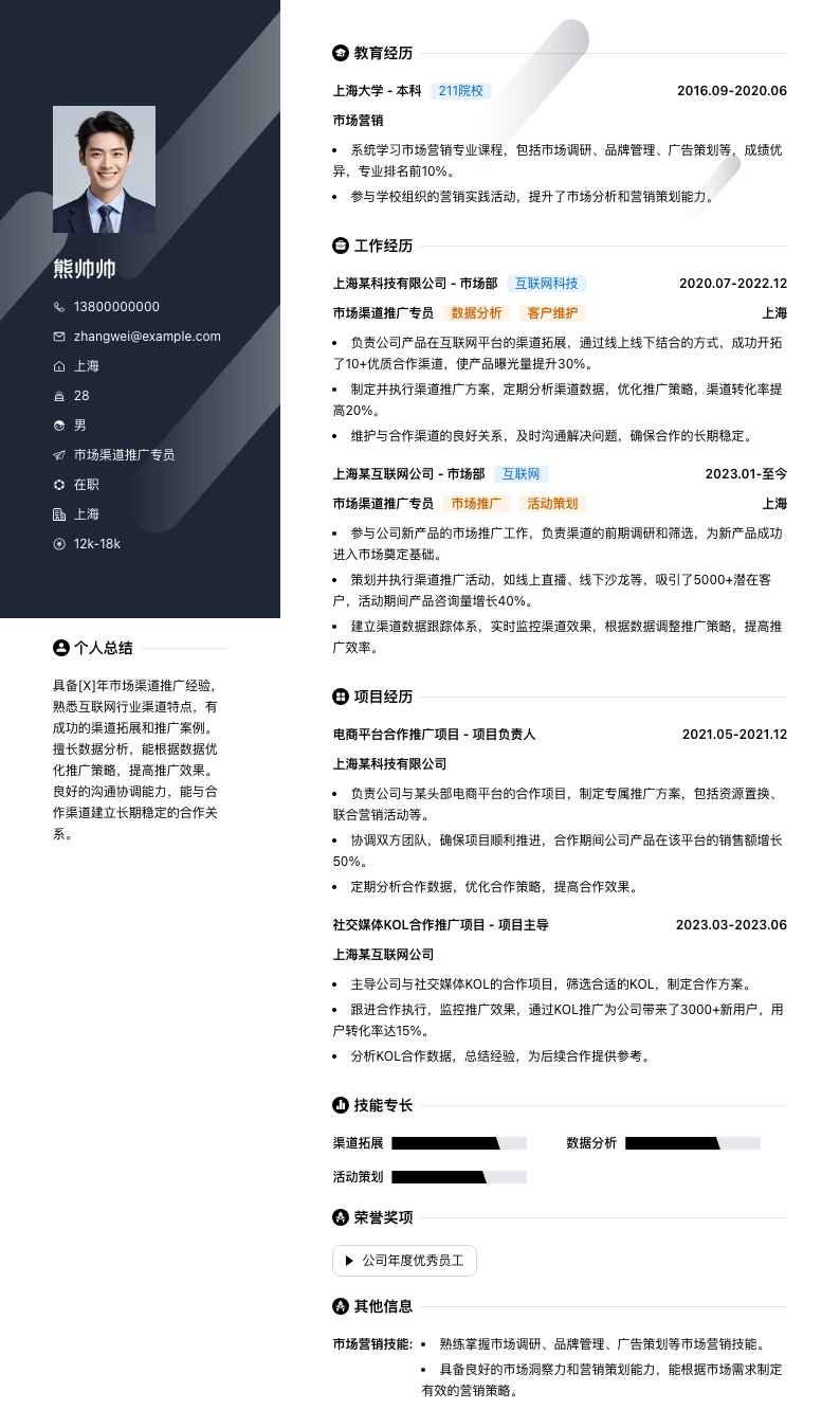 市场渠道推广专员简历模板