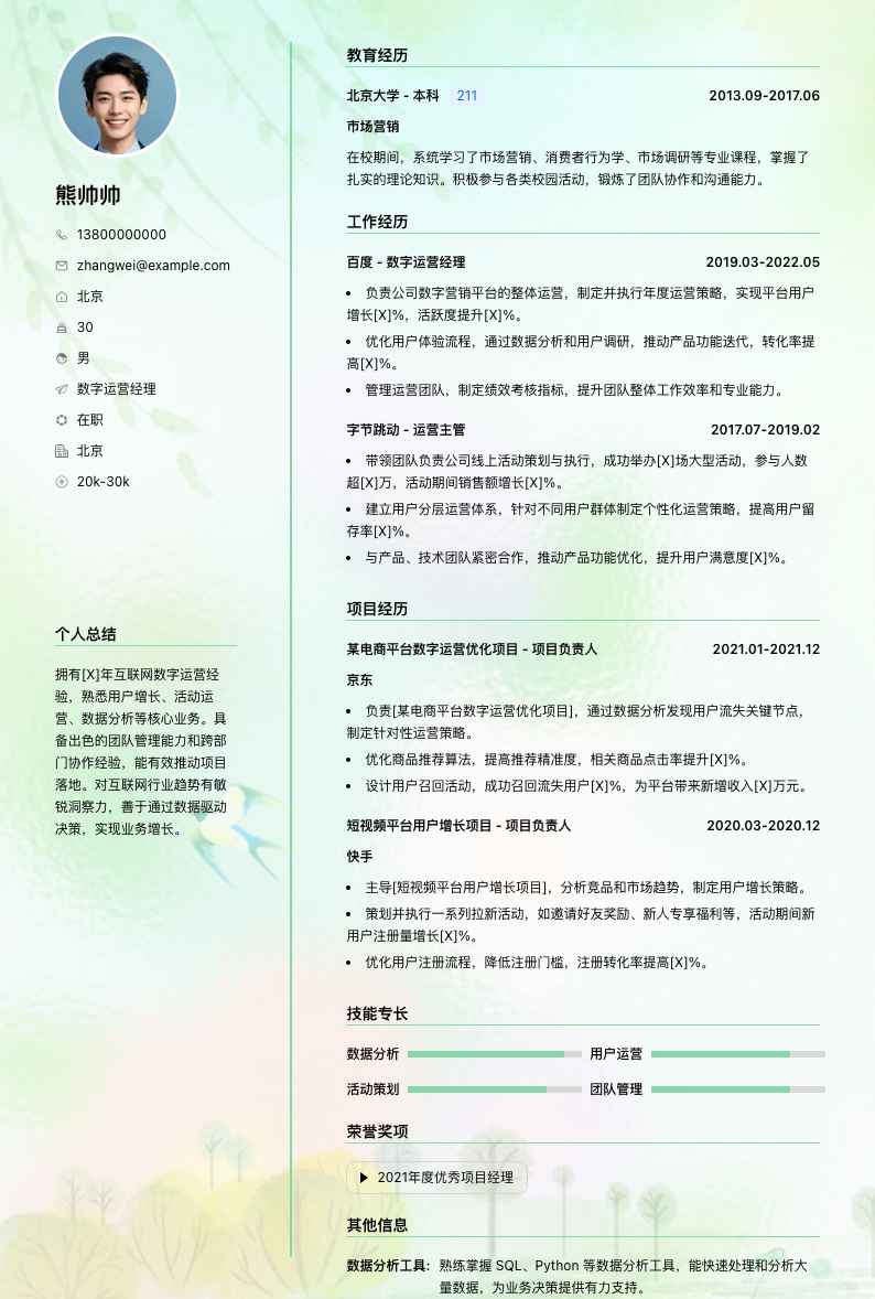 数字运营经理简历模板