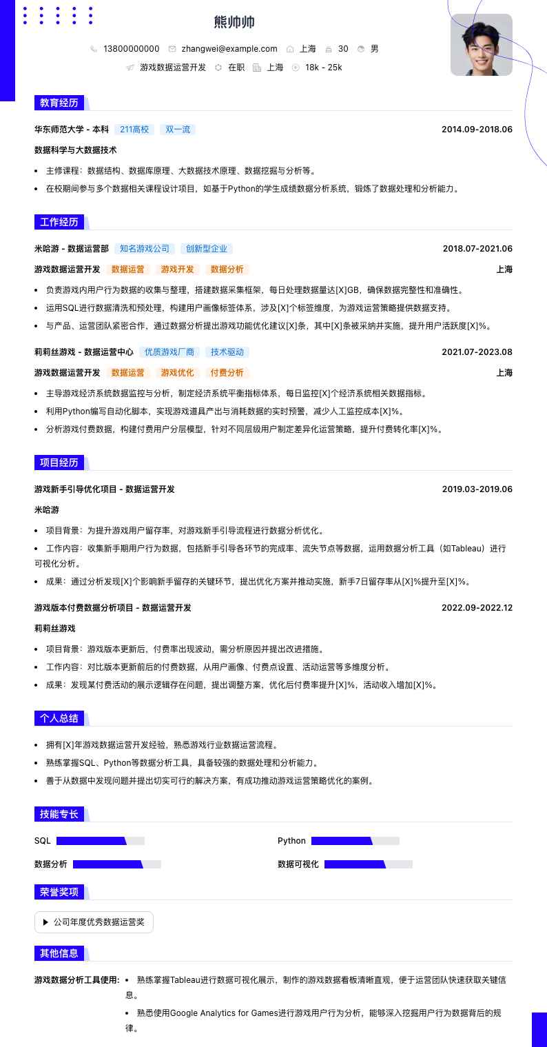 游戏数据运营简历模板