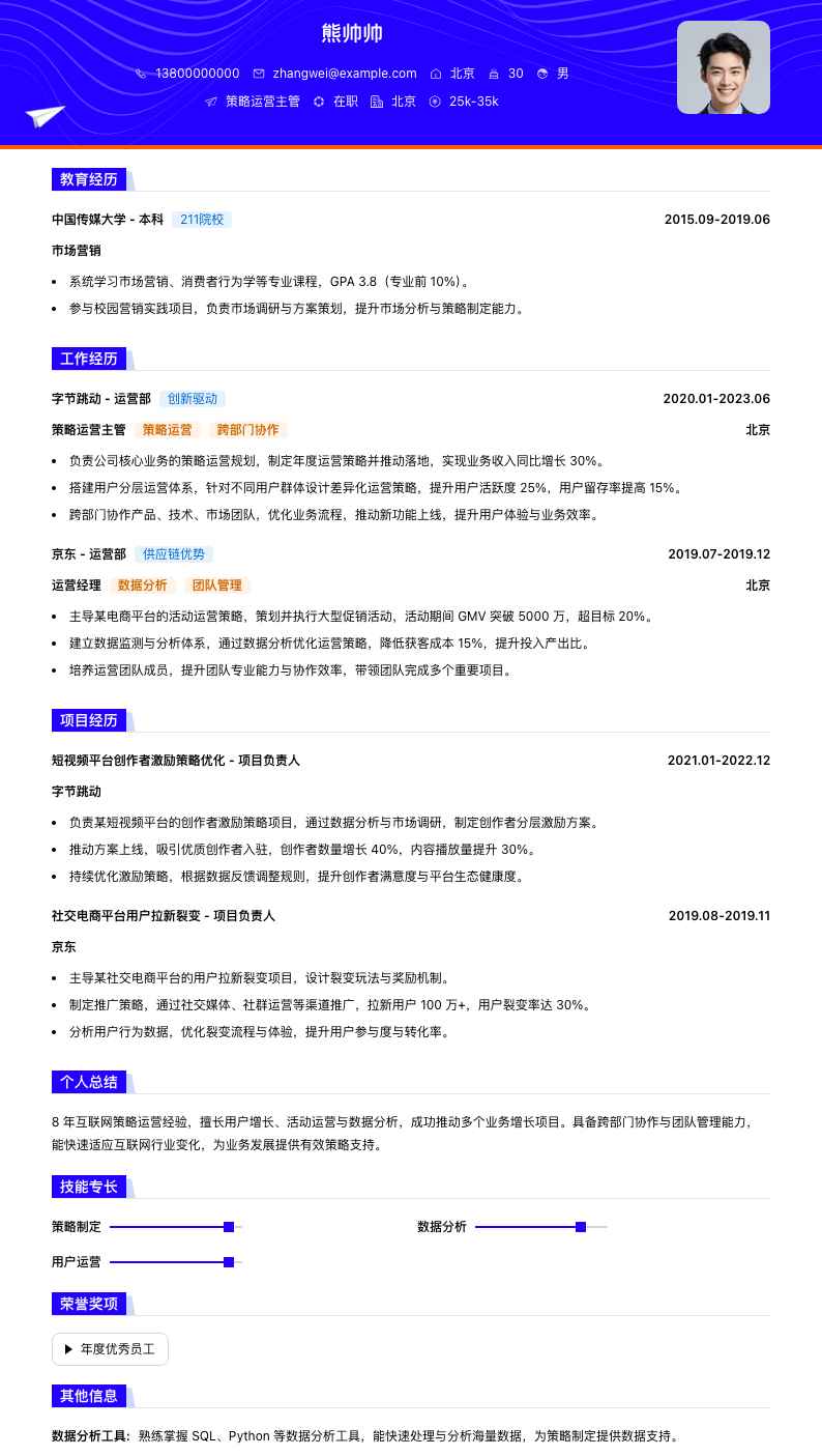 策略运营主管简历模板