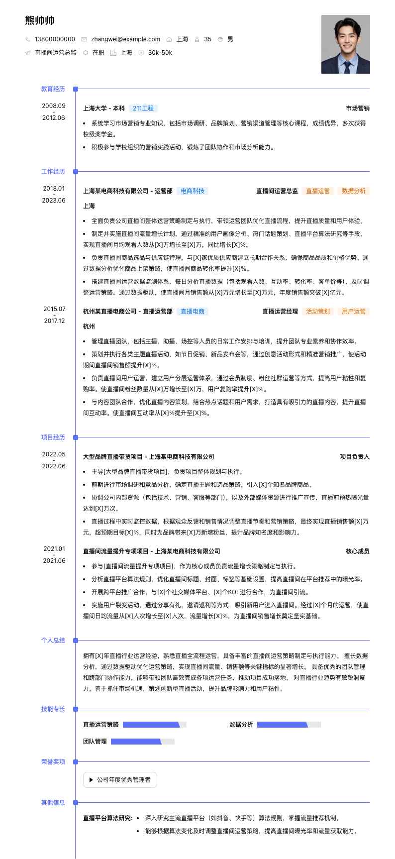 直播间运营总监简历模板