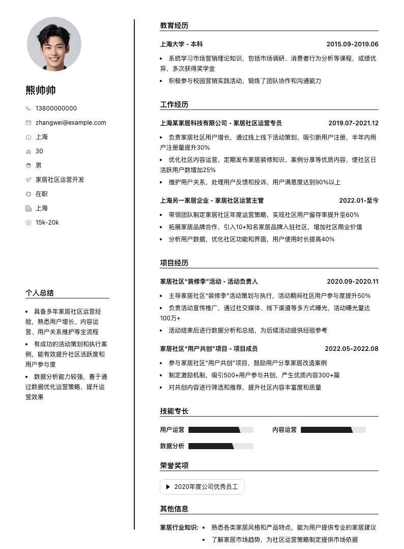 家居社区运营简历模板