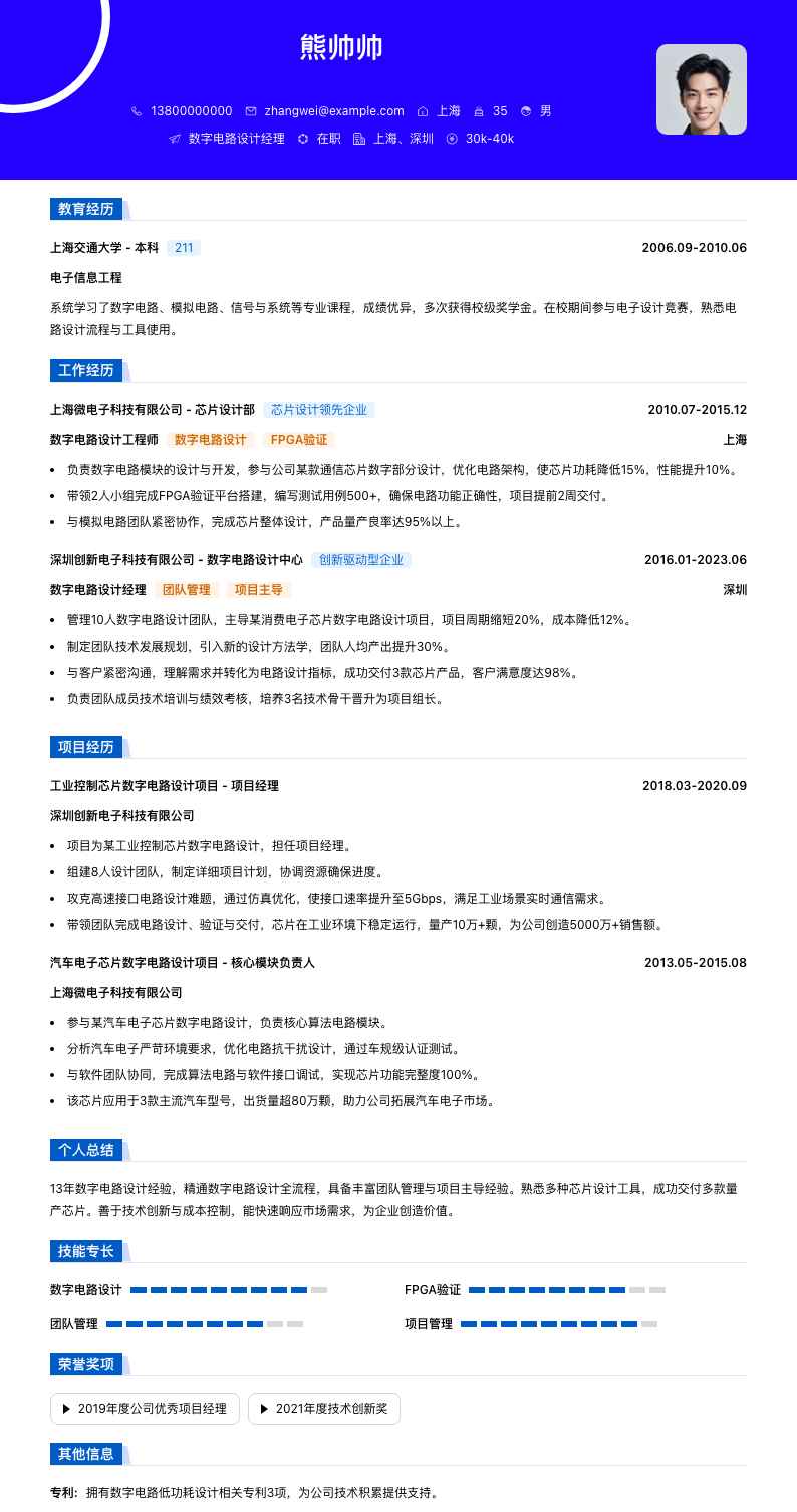 数字电路设计经理简历模板