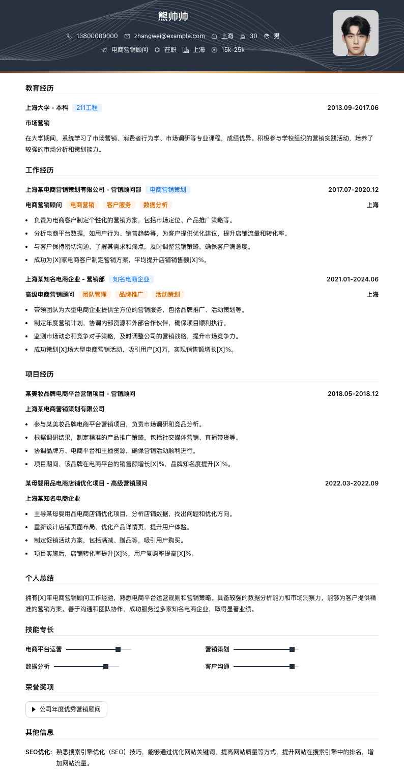 电商营销顾问简历模板