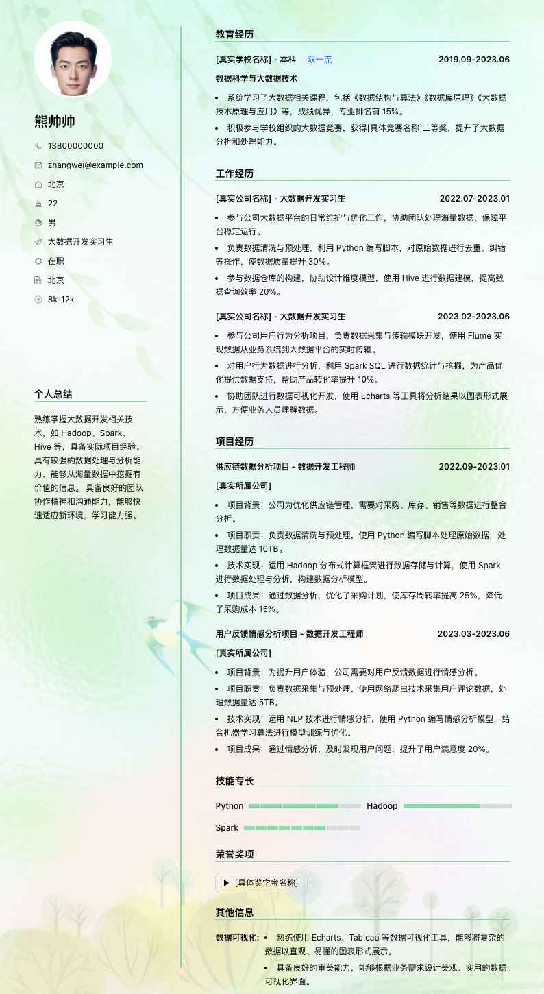 大数据开发实习生简历模板