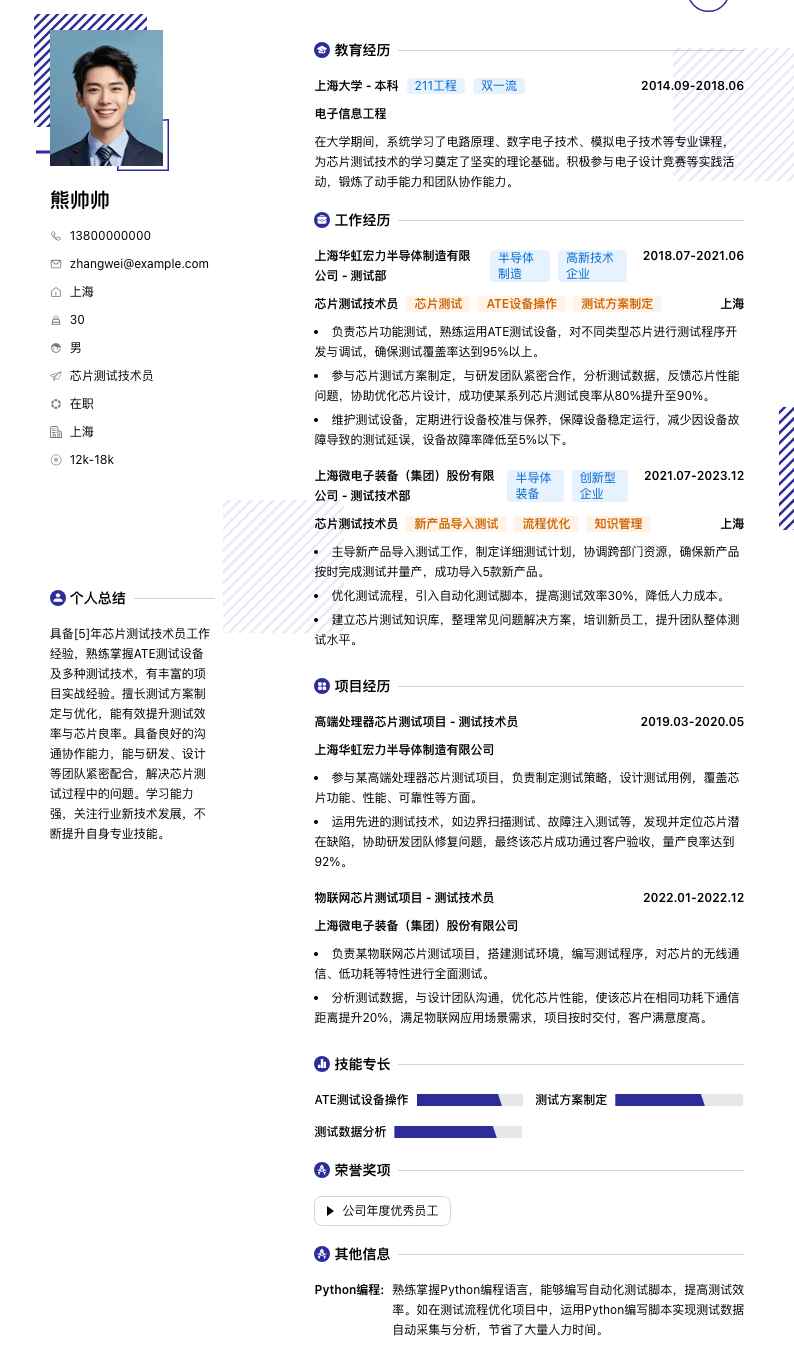 芯片测试技术员简历模板