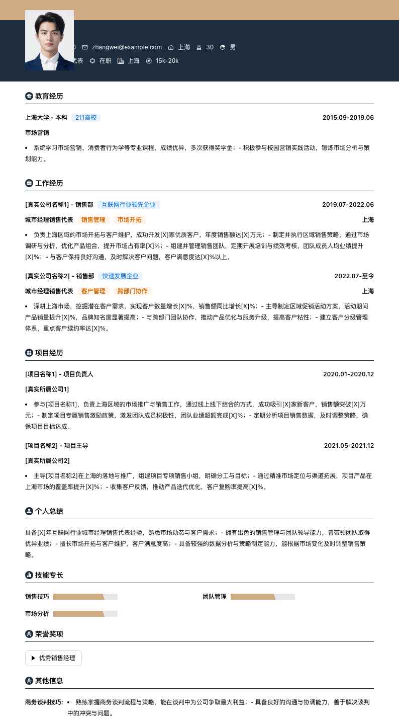 城市经理销售代表简历模板