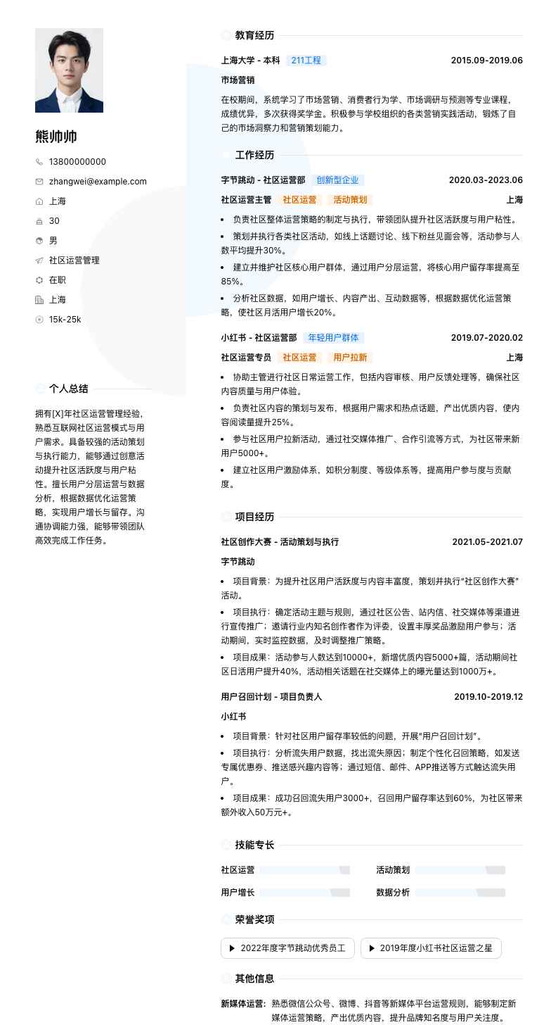 社区运营管理简历模板