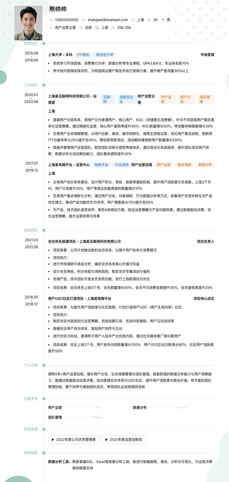 用户运营主管简历模板