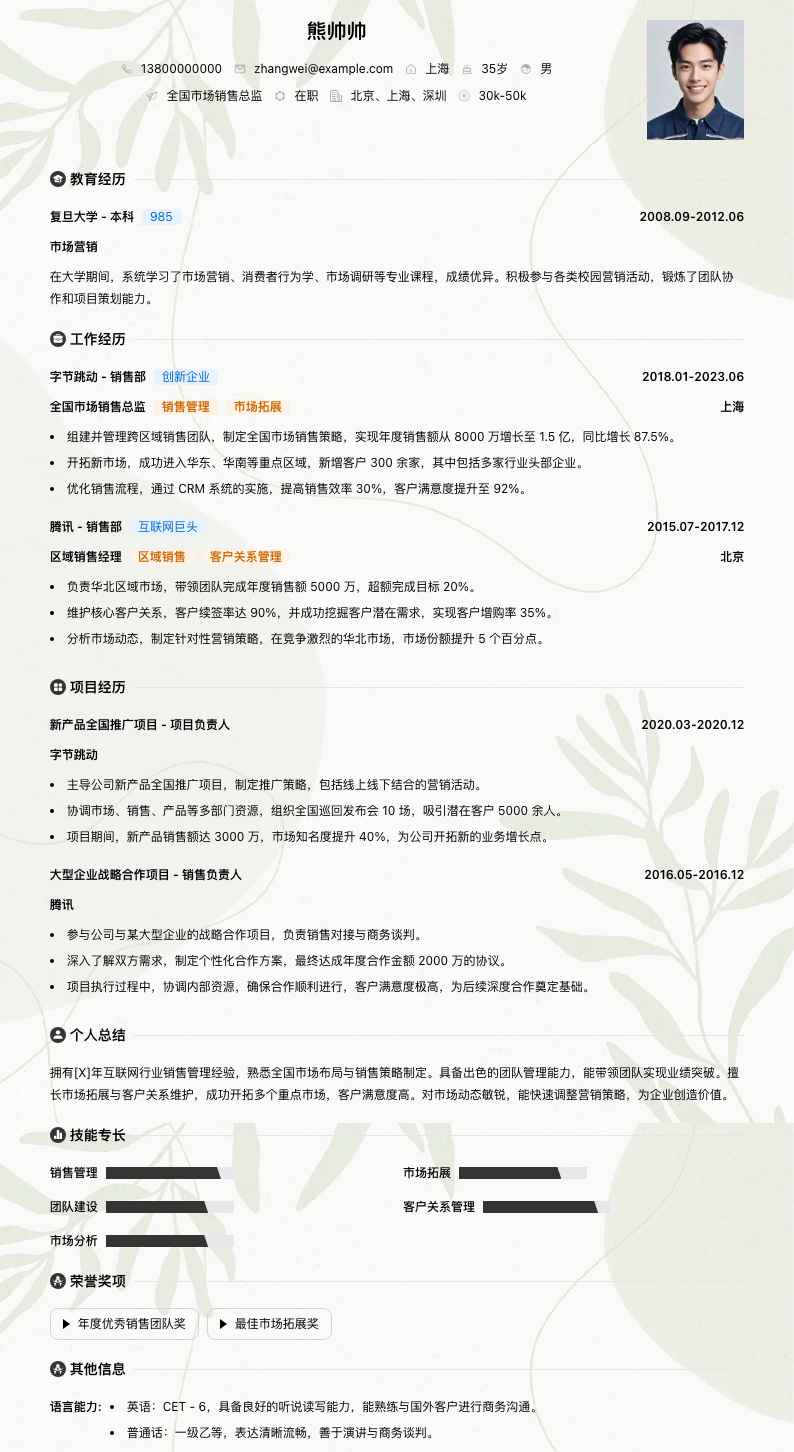 全国市场销售总监简历模板