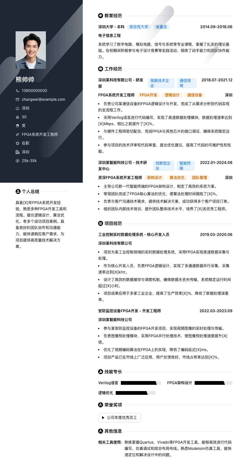 FPGA 系统开发工程师简历模板
