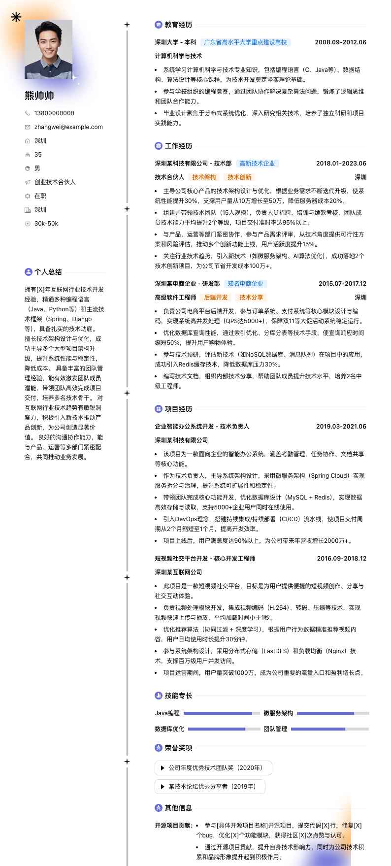 创业技术合伙人简历模板