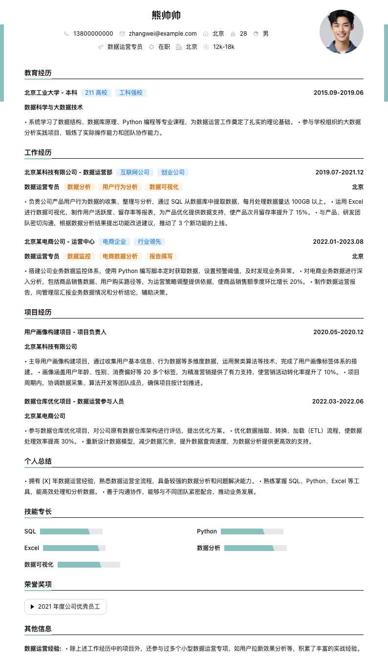 数据运营专员简历模板