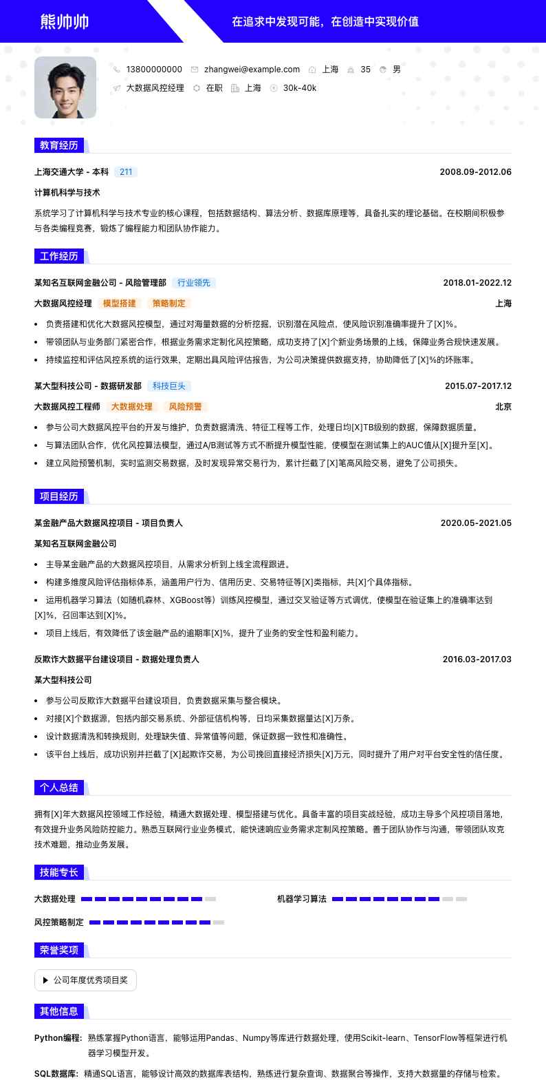 大数据风控经理简历模板