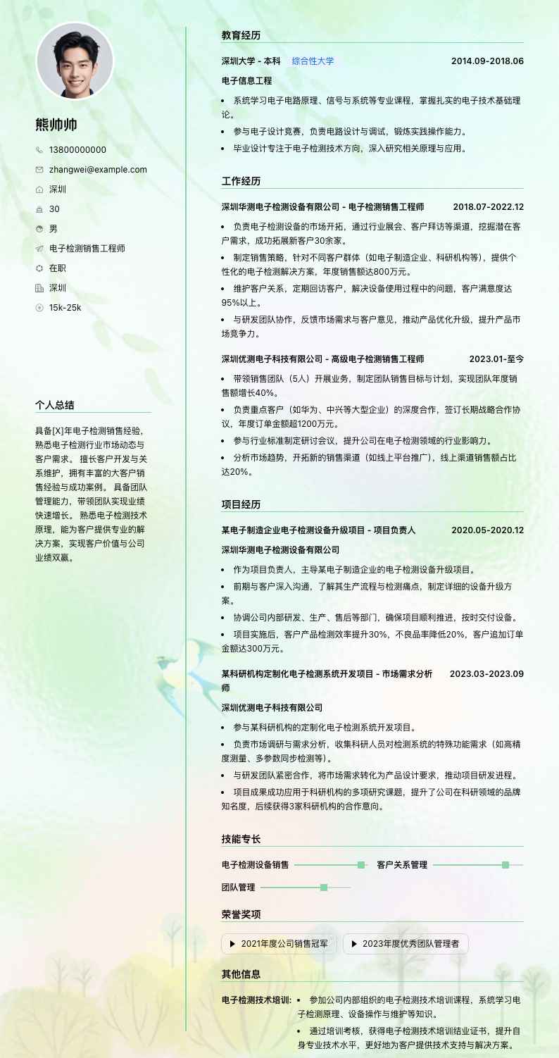 电子检测销售工程师简历模板