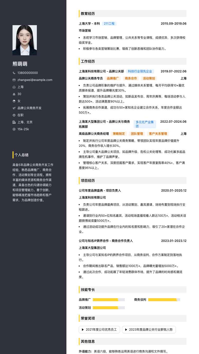 品牌公关商务简历模板