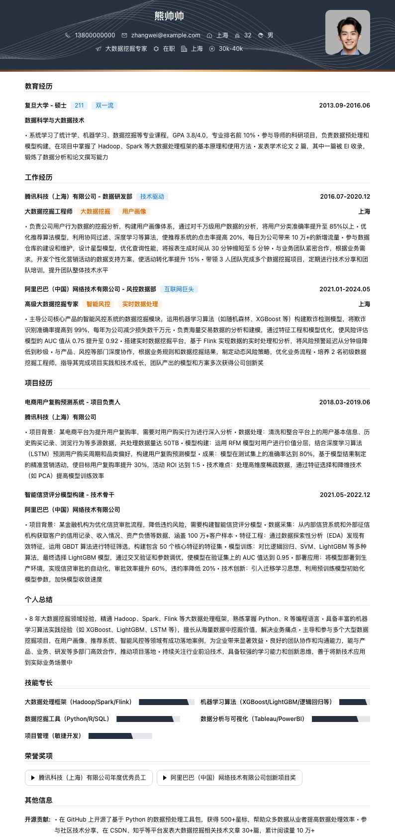 大数据挖掘专家简历模板