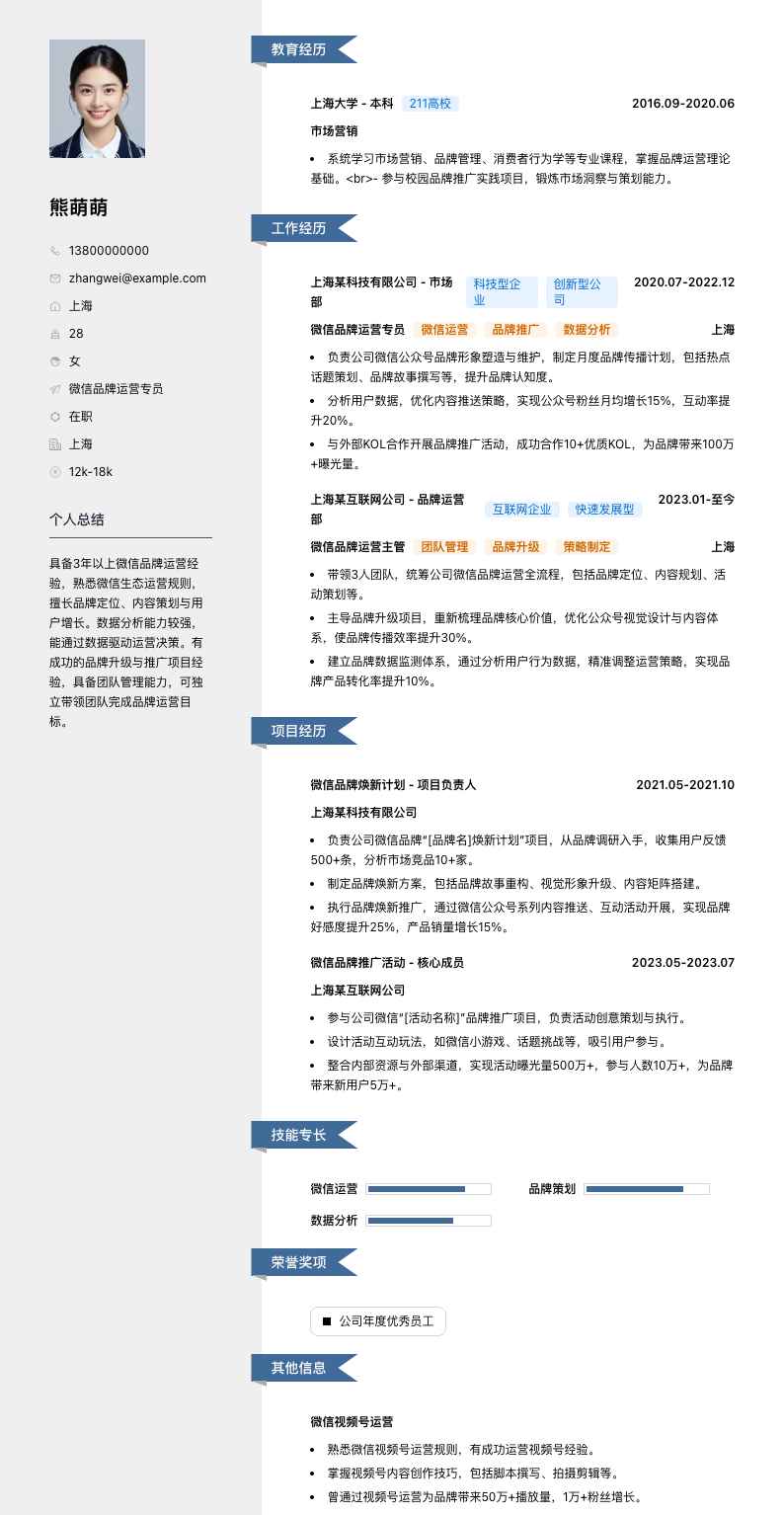 微信品牌运营专员简历模板