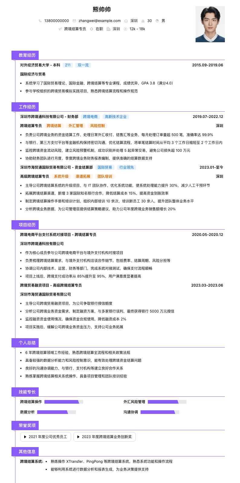 跨境结算专员简历模板