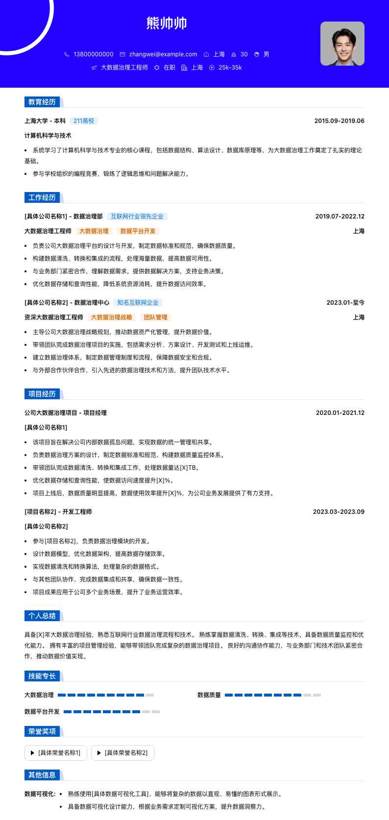 大数据治理工程师简历模板