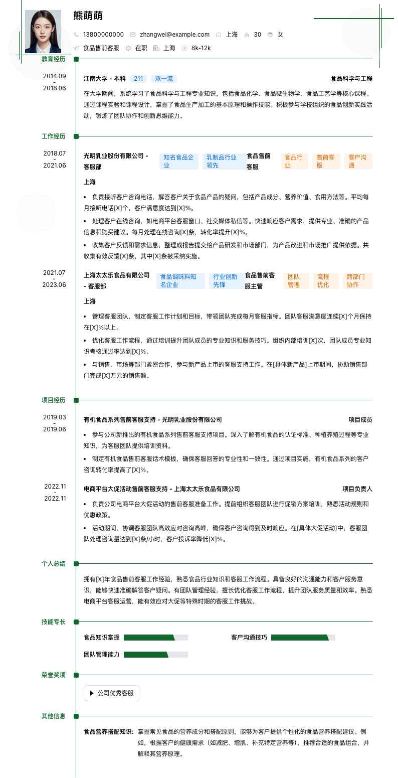 食品售前客服简历模板