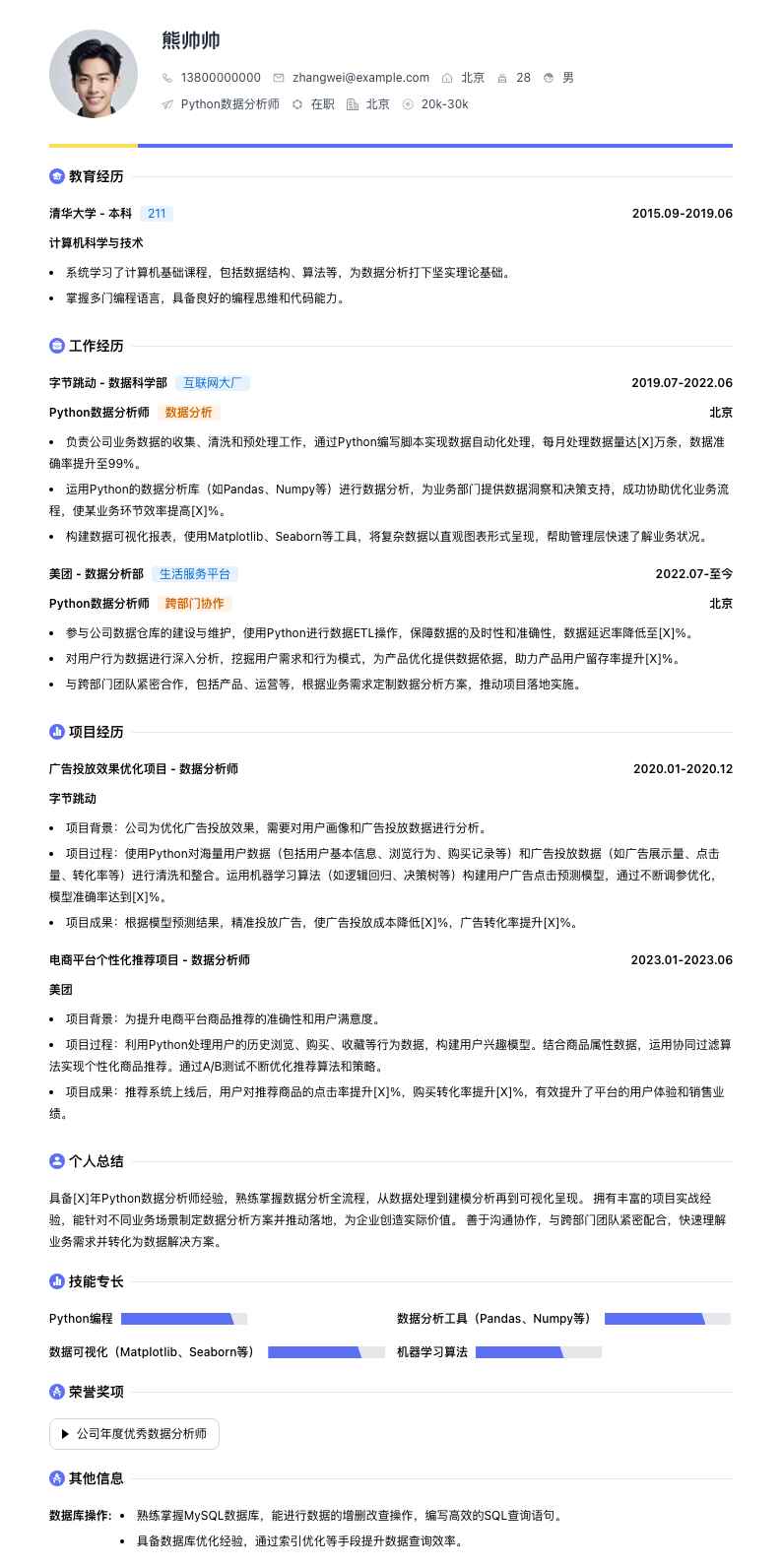 python数据分析师简历模板