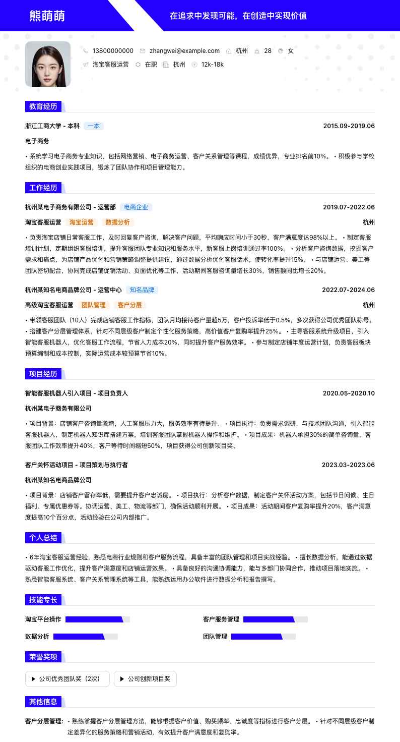 淘宝客服运营简历模板
