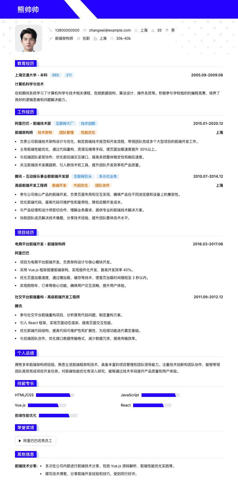 前端架构师简历模板