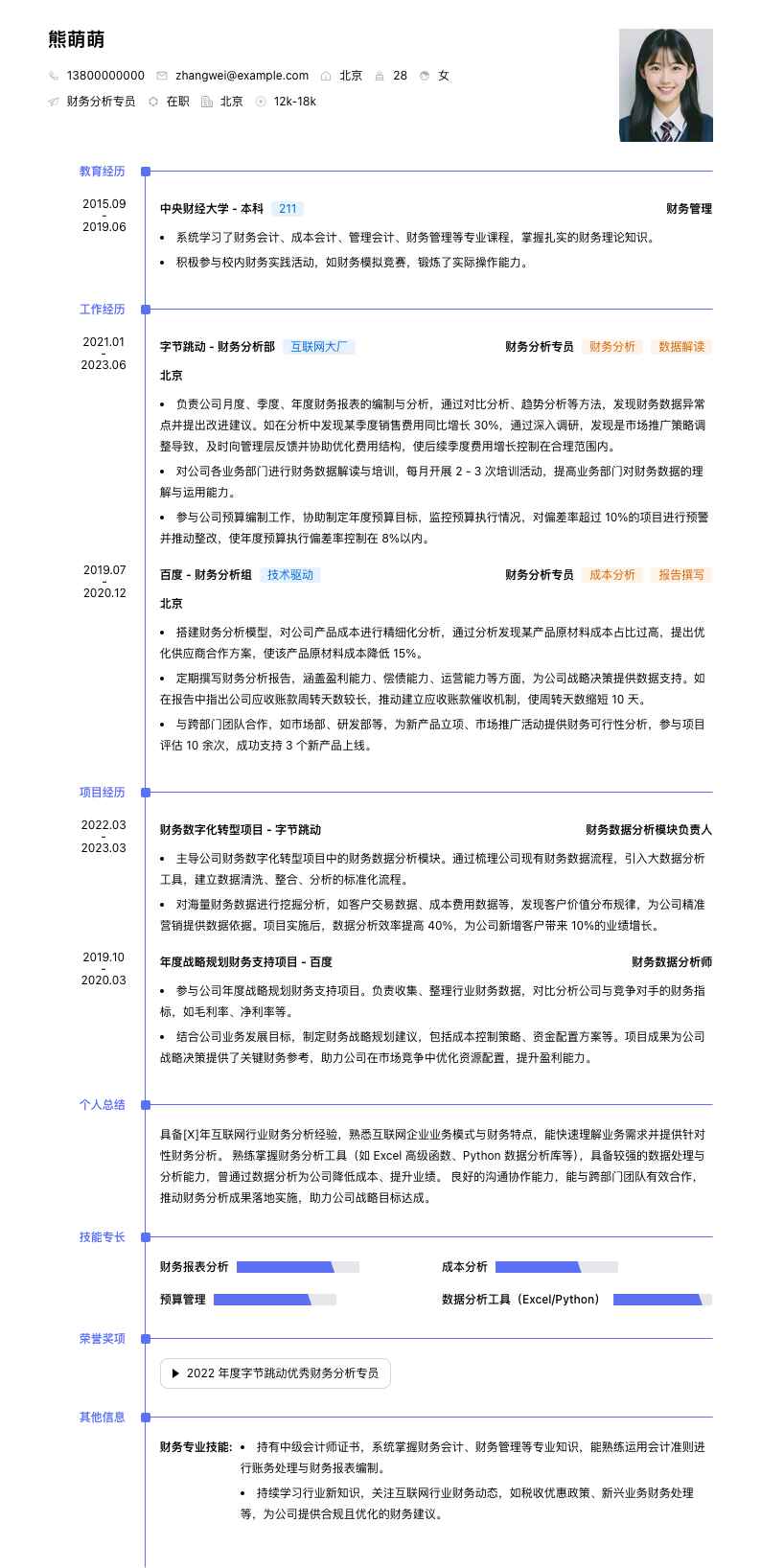 财务分析专员简历模板