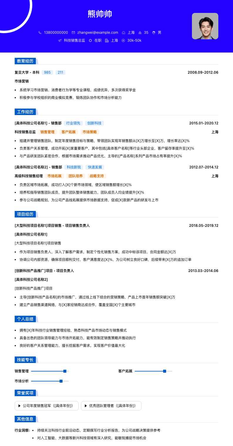 科技销售总监简历模板