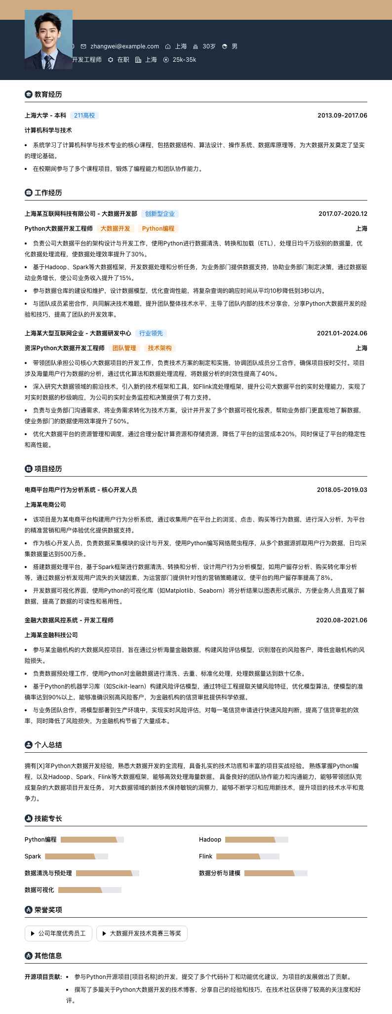 python大数据开发工程师简历模板